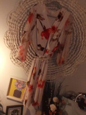 Cream Floral Wrap Midi Dress with Coral Blooms